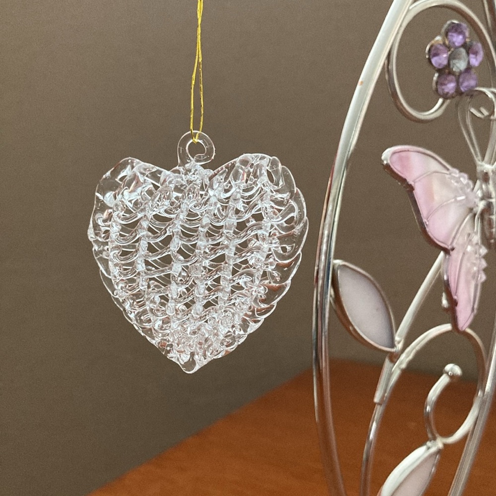 NWT - Blown Glass Filigree Puffed Heart Hanging Decorative Ornament